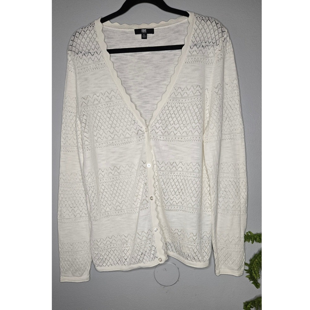 Frye Cream Pointelle Cotton Cardigan Sweater XL Button Front Lightweight Boho - Picture 2 of 9